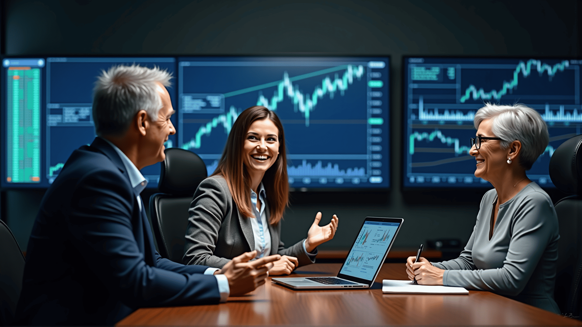 Client testimonials against a backdrop of trading screens.